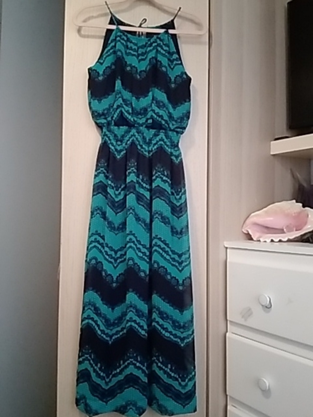 Enfocus Studio Teal and Navy Halter Chevron Maxi Dress